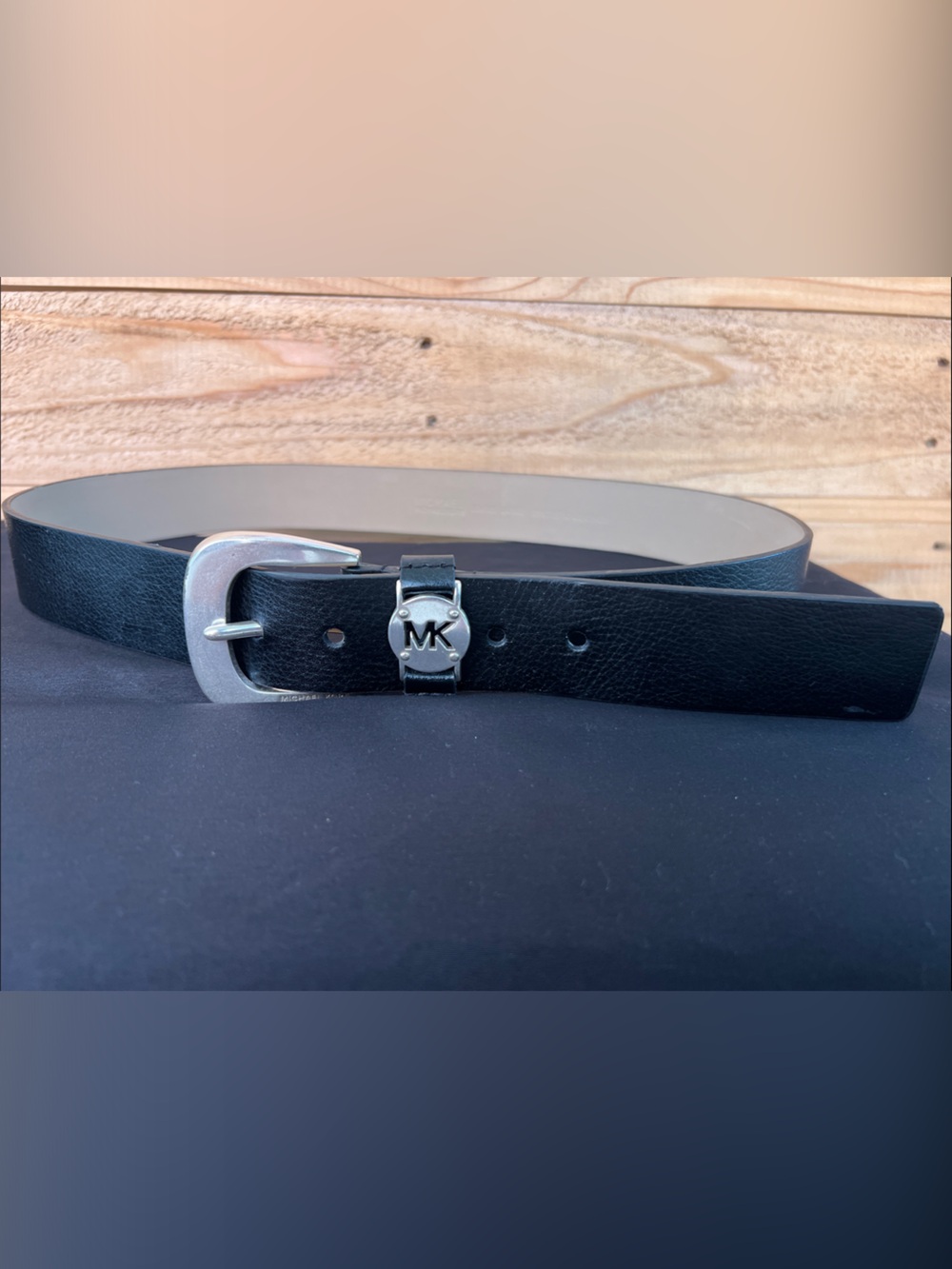 Michael Kors Black Leather Men’s Belt with Silver MK Hardware